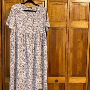 SHEIN dress, white and pink floral, short sleeves.